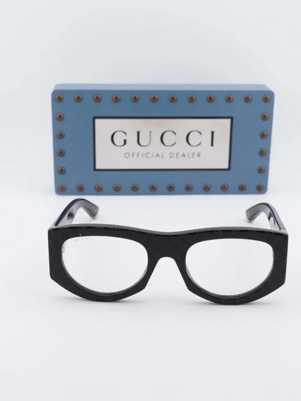 Gucci GG1918S 001 Square Sunglasses - Shiny Black with GG Pattern/Clear UV